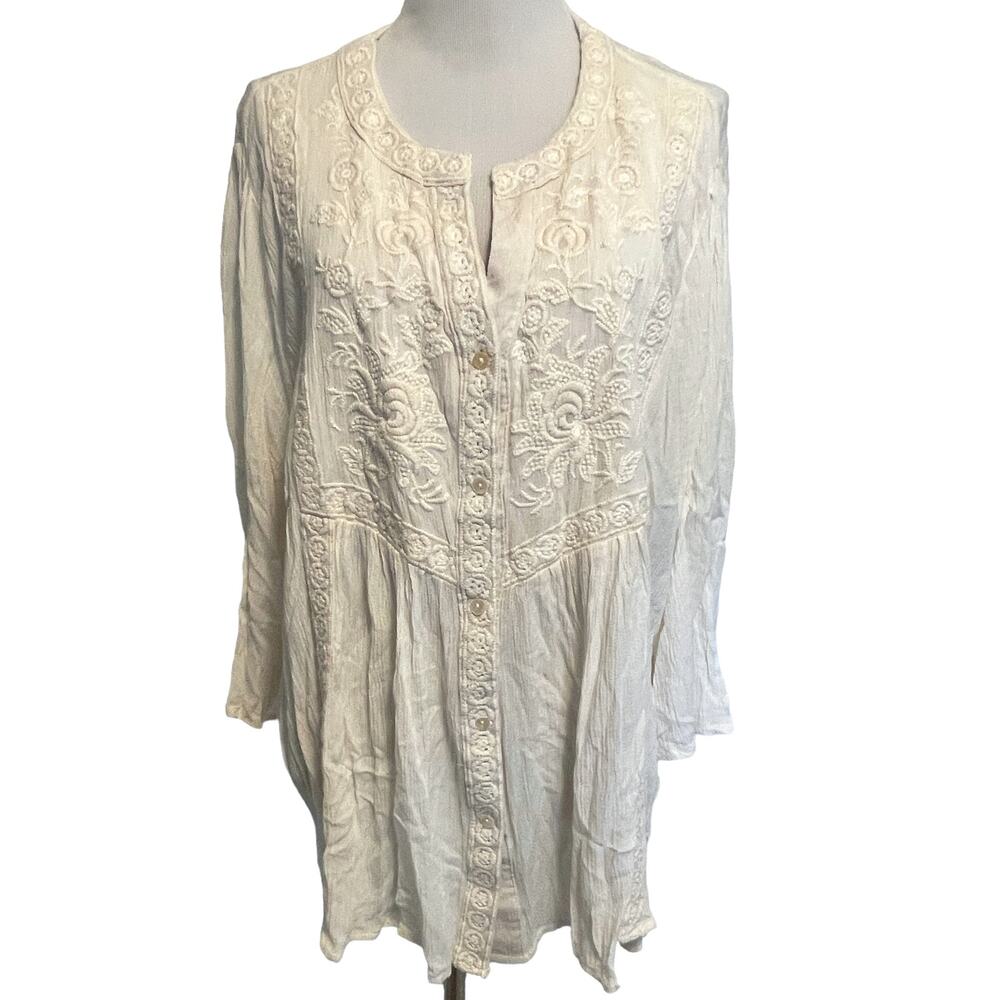 Rachel Zoe Embroidered Top Womens Size 2X Ivory Button Gauze Boho Peasant Blouse